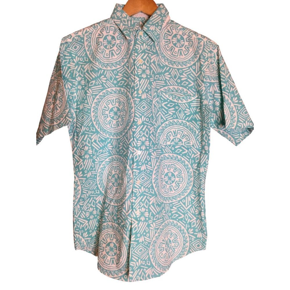 Envoy Geometric Print Short Sleeve Button Up Hawaiian Beach Shirt Size Small